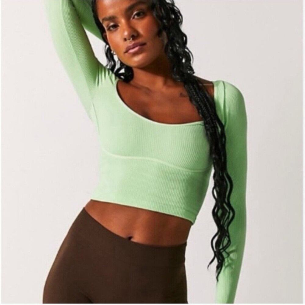 Intimately Free People Meg Seamless Long Sleeve Ribbed Crop Top Neon Green XS/S